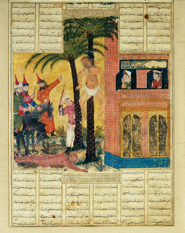 Uma ilustração do século 8 da execução de Mani, do Shahnameh